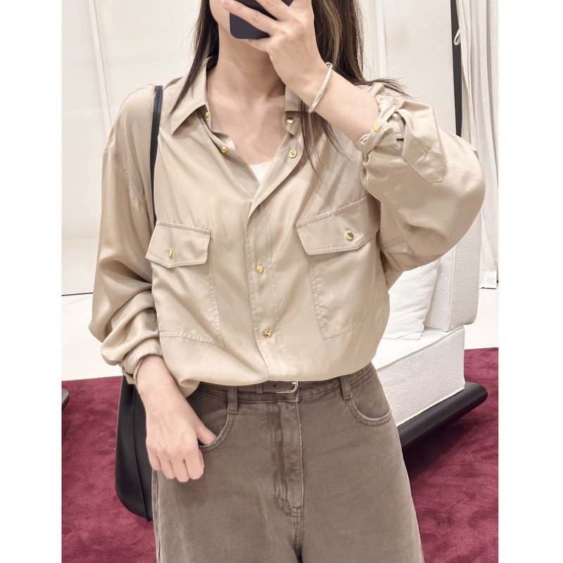 In stock, ed series double-pocket work shirt for women, loose-fitting, versatile, long-sleeved shirt top for commuting, new for summer