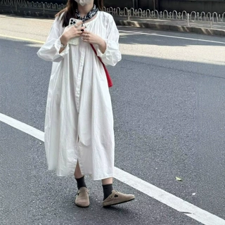 法式气质宽松显瘦简单大方巨好看的白色衬衫连衣裙子女秋季