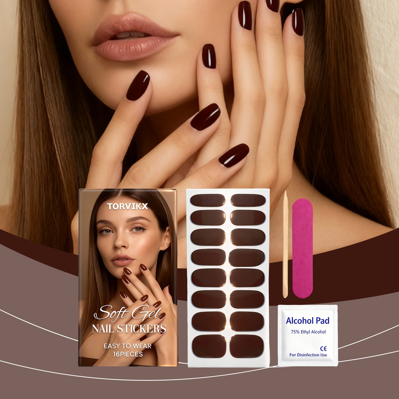Torvikx Soft Gel Nail Stickers Set (Coffee Color) Glossy, Durable, Quick-Dry, Fresh Manicure Stickers