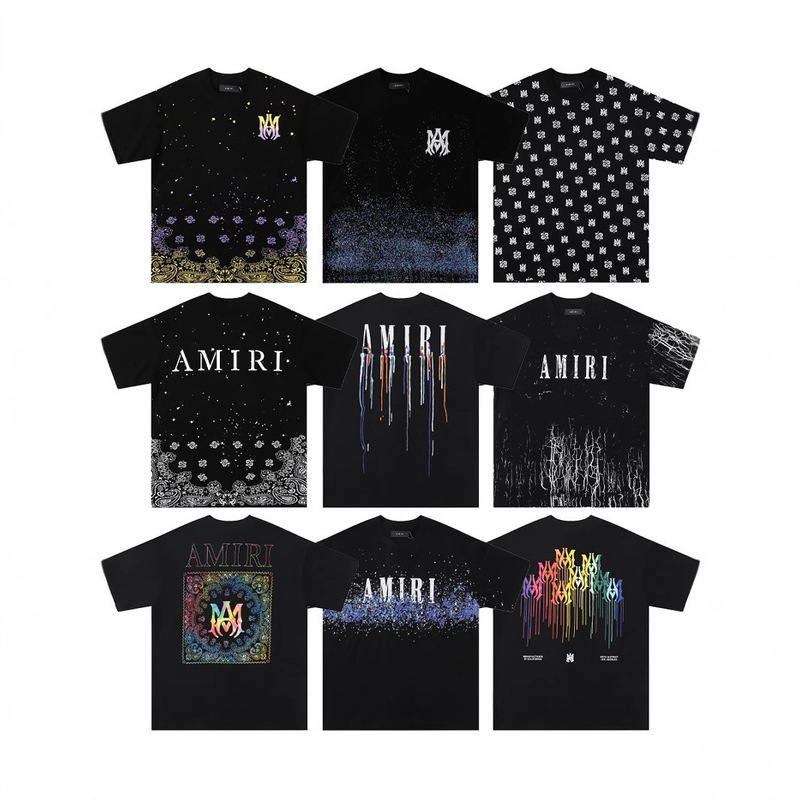High-End Collection Amiri Summer Short-Sleeve Letter Print Fluid Splash Ink Round Neck Men's Short-Sleeve T-Shirt Cross-Border Trend