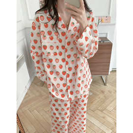 跨境专供外贸女士春开衫新款长袖长裤可爱草莓印花睡衣套装家居服