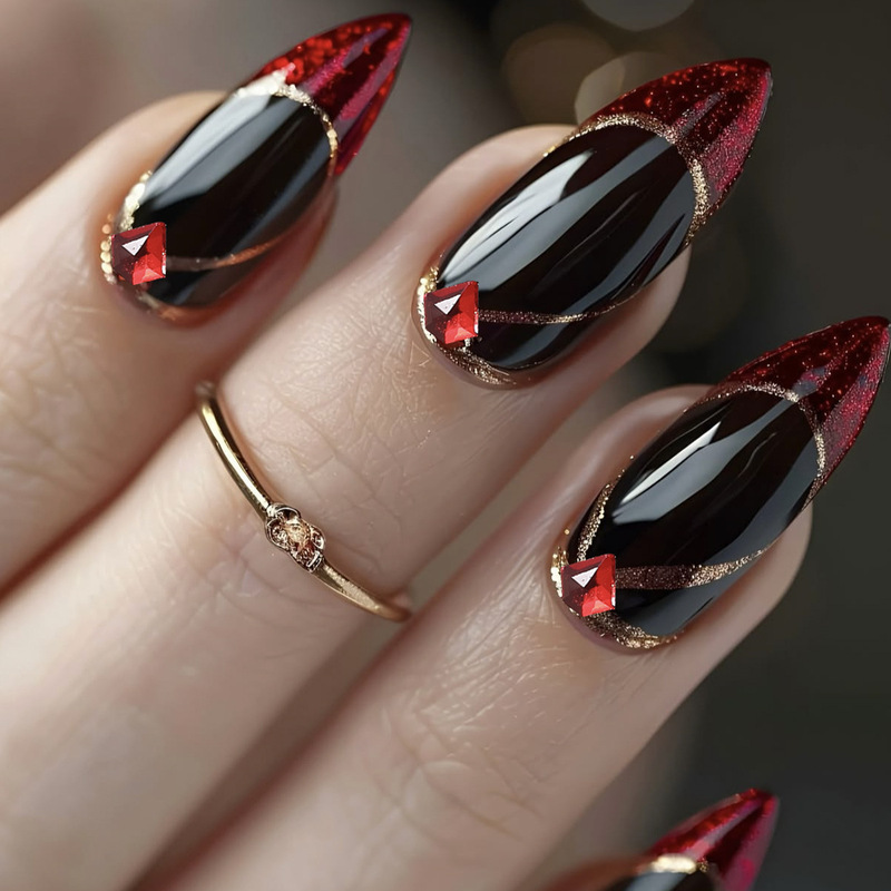 Wearable Almond-Shaped Nails with Red Glitter, French-Style Edges, Gold Lines, and Diamond-Encrusted Design, Reusable Fake Nails Wearable Almond-Shaped Nails with Red Glitter, French-Style Edges, Gold Lines, and Diamond-Encrusted Design, Reusable Fake Nails