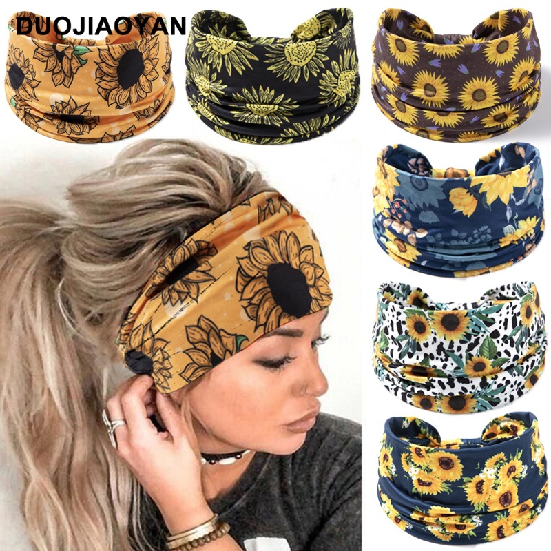 Elastiskt hårband med solrosmönster för yoga och löpning_voghion.com