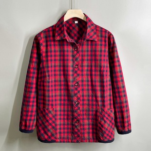 Middle-Aged and Elderly Women's Pure Cotton Shirts 2025 Spring Plus Fat Tops Mom and Grandma Wear Spring & Fall Plaid Shirts