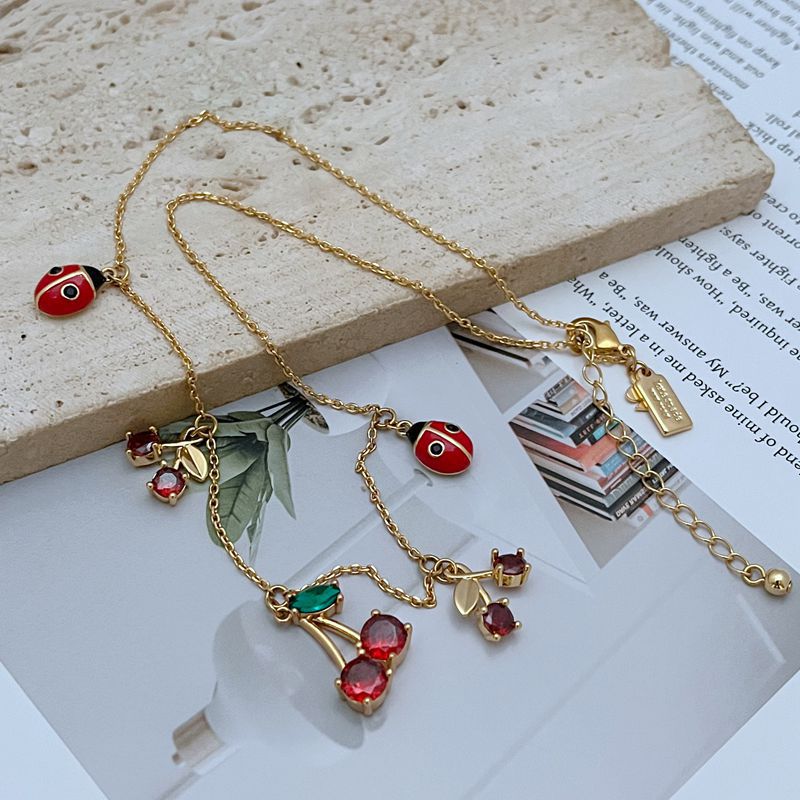 Zircon Pendant Material Necklace Classification Wholesale Jewelry Sweet Cherry Ladybugs Copper 18K Gold Plated Plating Cable Chain Necklace