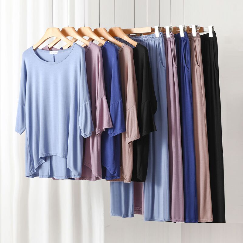 Modal three-quarter sleeve batwing shirt straight pants suit women's summer loose slimming home trousers two-piece set