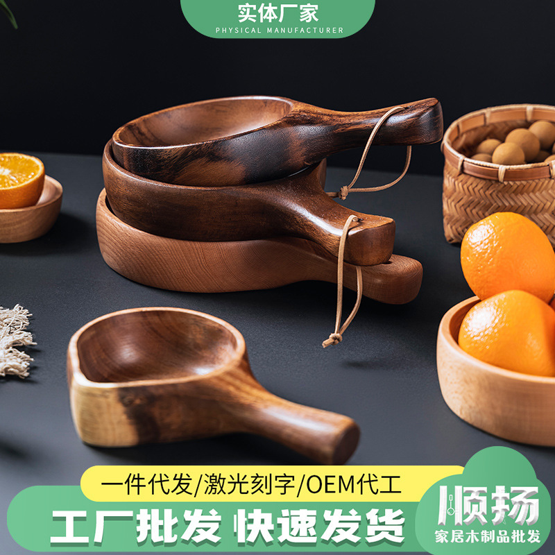 Beech pickle bowl large small size whole wood integrated Korean salad bowl acacia wood with handle instant noodle bowl factory wholesale