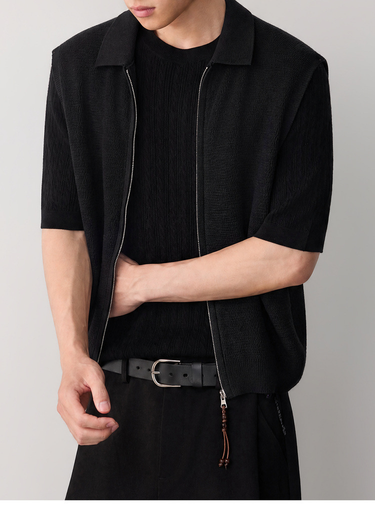 Áo gile len nam pha linen dáng cardigan khóa kéo phong cách công sở — đen chi tiết 31