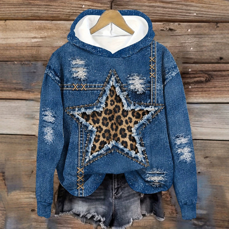 Amazon cross-border imitation denim women's hooded sweatshirt with 3D digital print, fashionable and versatile street style autumn top