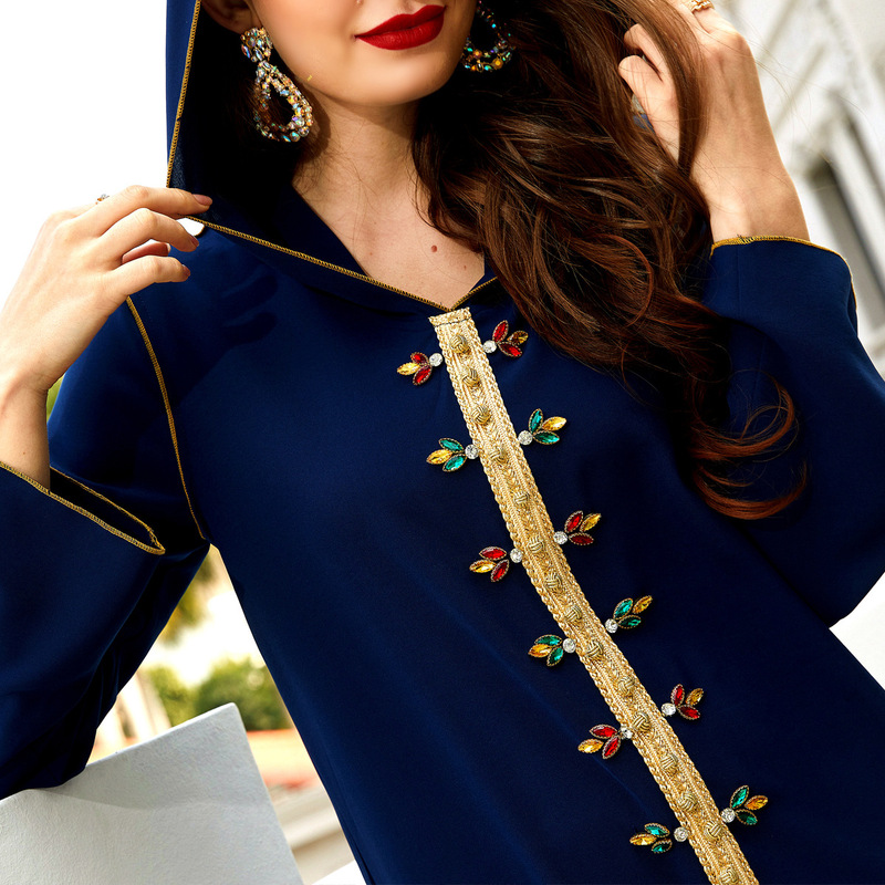 Ba305 Navy Blue with Gold Trim Hand-Sewn Glass Rhinestones Hooded Robe Abaya Women's Clothing