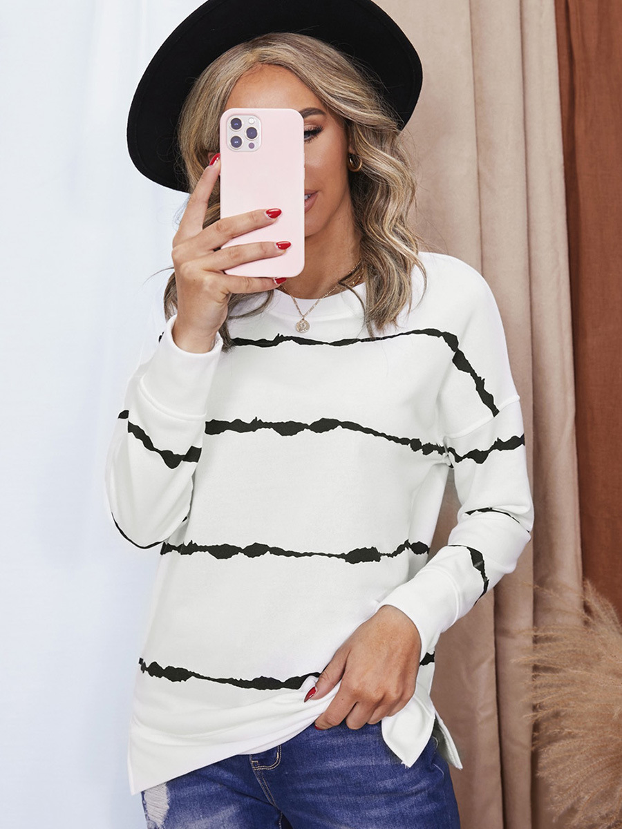 European and American Plus Size Hoodless Striped Printed Sweat Women's European and American Cross-border Loose Long-sleeved Round Neck Top 2531357