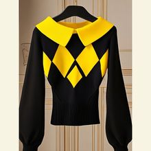 秋季韩系chic上衣高端欧货洋气独特别致小众慵懒风黑色菱格针织衫