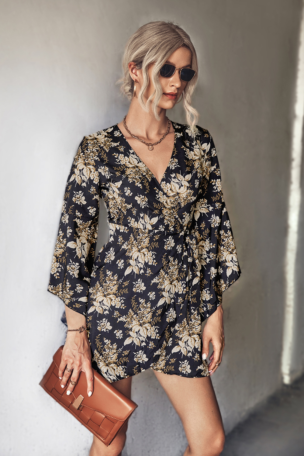 Floral print Wrap Irregular trumpet Sleeve Dress NSLNZ136803