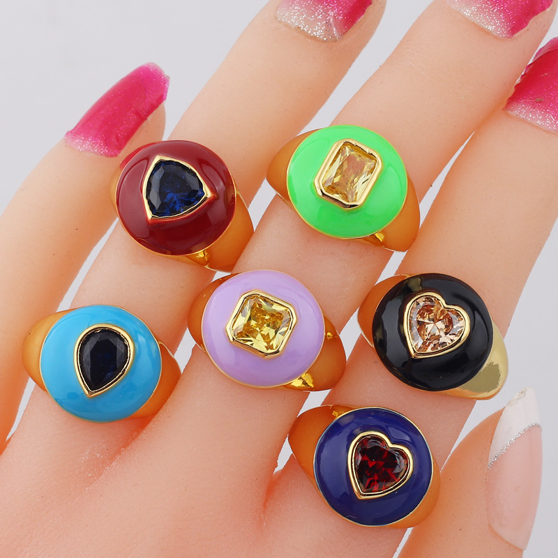 Retro Square Heart Shape Copper Open Ring Inlay Zircon Copper Rings