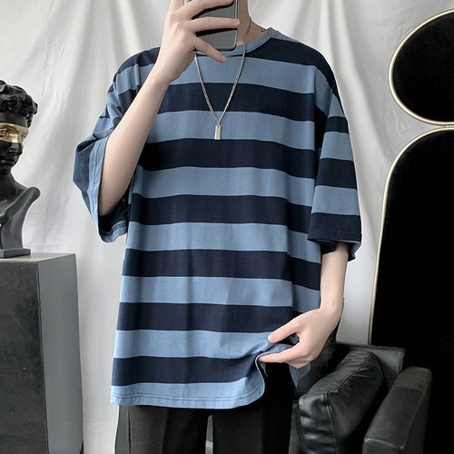 Striped short-sleeved T-shirt men's trendy loose 2021 new summer thin section versatile Hong Kong style five-quarter sleeves