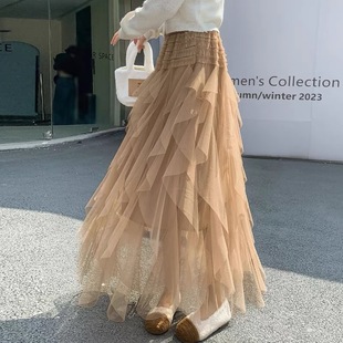 Western-style sweet puffy mesh skirt skirt women's super fairy gauze skirt irregular multi-layer ruffled cake skirt long skirt
