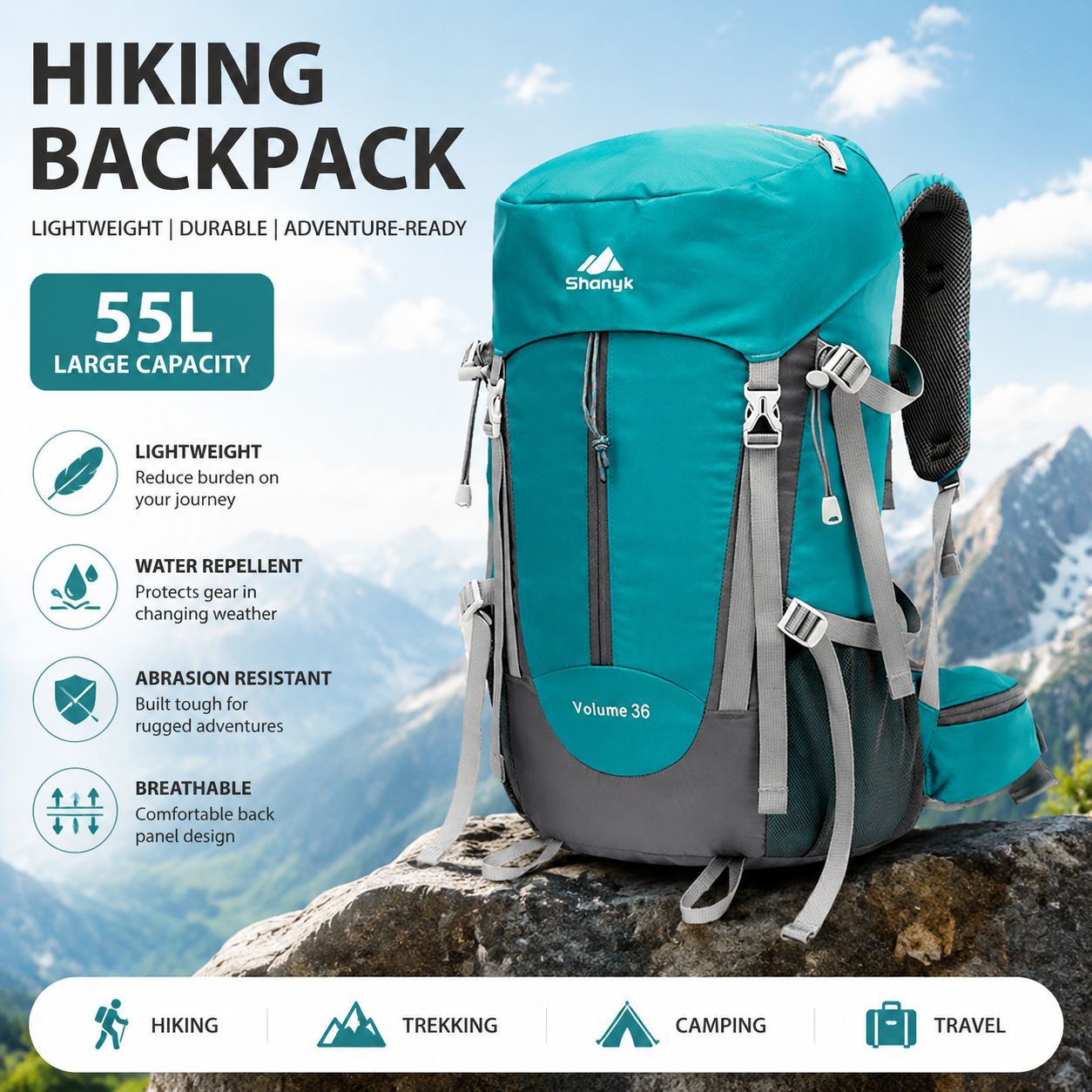 Mochila de montanhismo ao ar livre 55L, mochila casual repelente de água de grande capacidade, mochila para caminhadas