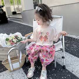 女宝套装2025夏季新款儿童卡通薄短袖T恤洋气防蚊裤多巴胺两件套