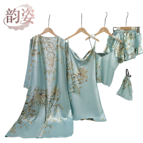2025 Nueva Ropa de Casa de Seda de Hielo Estampada para Mujer Pijamas de Verano con Tirantes Traje de Cinco Piezas Shorts Ropa Interior Moda Camisón