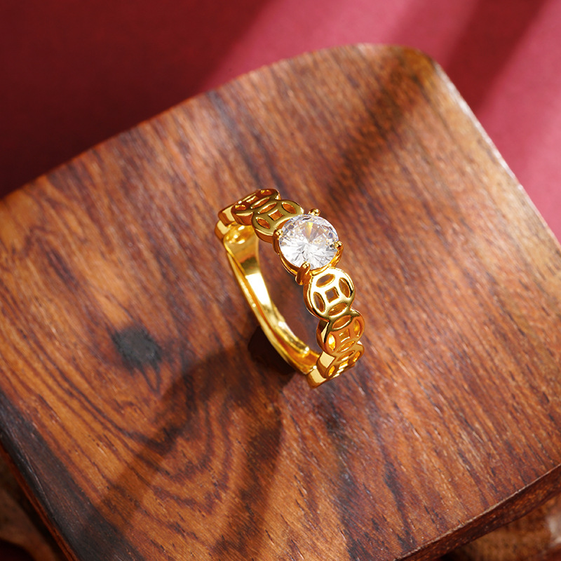 Guochao antiguo anillo de oro de arena vietnamita monedas de bronce retro hueco anillo de pulso de alquiler mujer lujo ligero no se desvanece joyas de mano