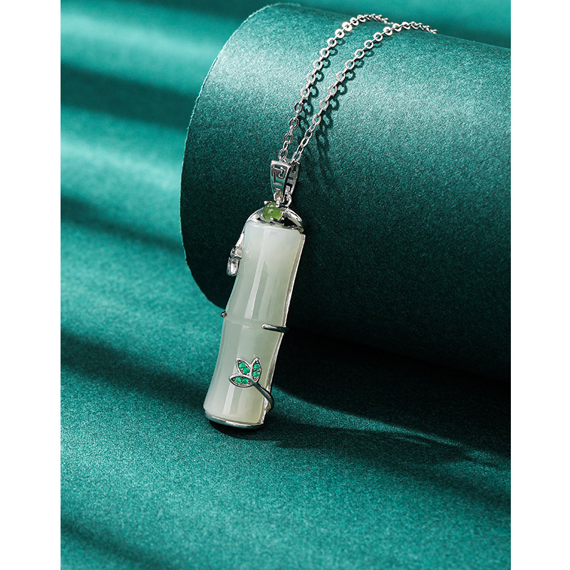 Hetian Jade bambú collar de plata esterlina para las mujeres verano luz lujo nicho diseño sentido 2023 nuevo colgante de bambú cadena clavícula