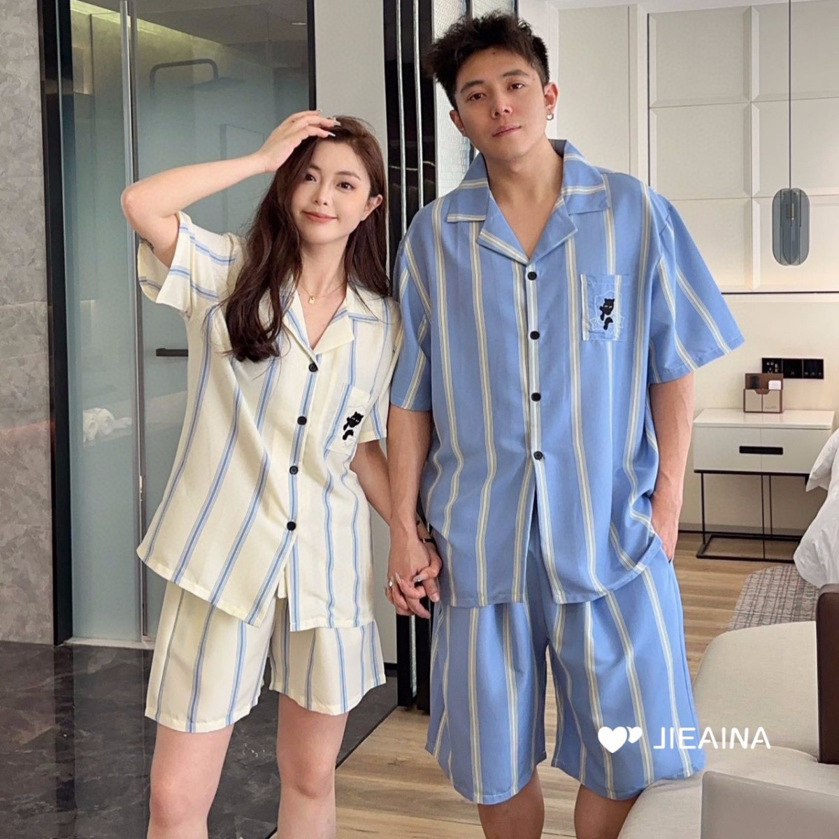 일본 피부 친화적 인 면화 작은 검은 표범 커플 잠옷 여름 남성과 여성 만화 줄무늬 반팔 반바지 카디건 홈웨어