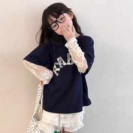 女童蕾丝防晒袖T恤夏季2026新款儿童休闲夏装女孩假两件上衣洋气