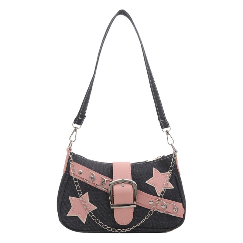 Color de contraste tendencia personalidad chica caliente 2024bags estrella nueva cadena de mezclilla casual bolso de axila de un solo hombro