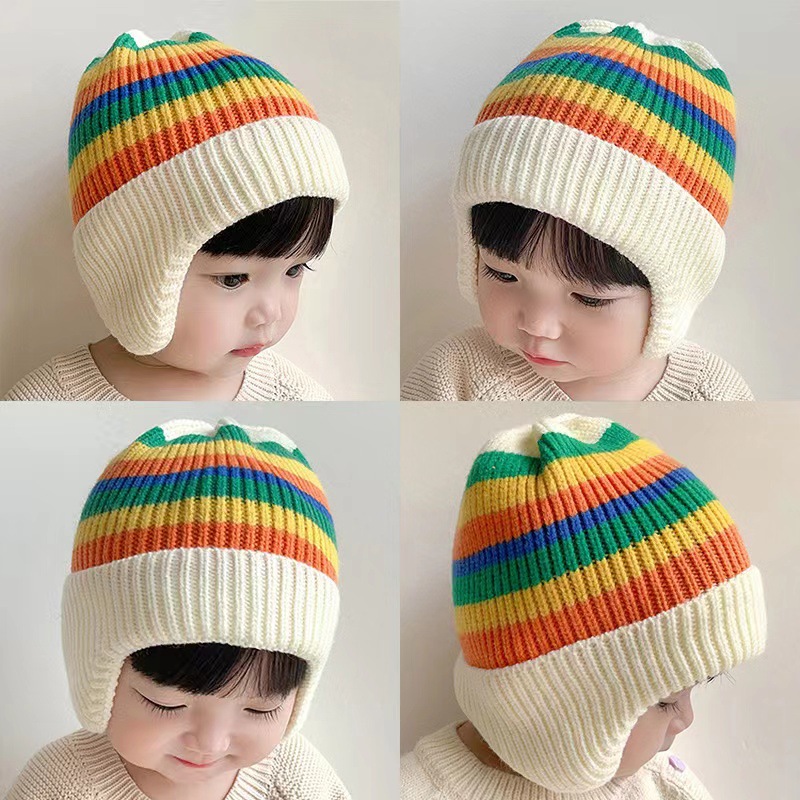 Autumn and winter New Rainbow Hat children's ear protection closed toe wool hat warm cold-proof boys and girls knitted hat baby