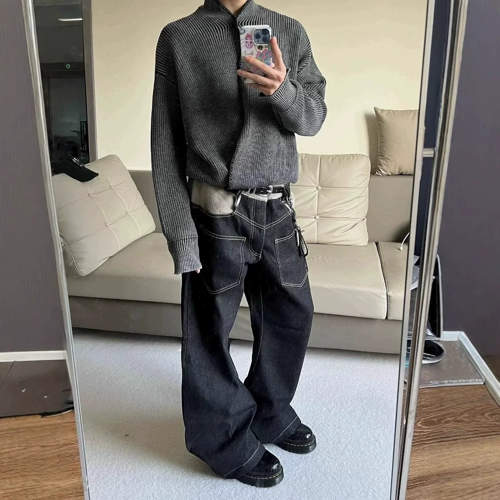 Оригинальный "шарф" шерстяной сшитый ятаган изогнутый силуэт японские случайные ретро прямые джинсы
