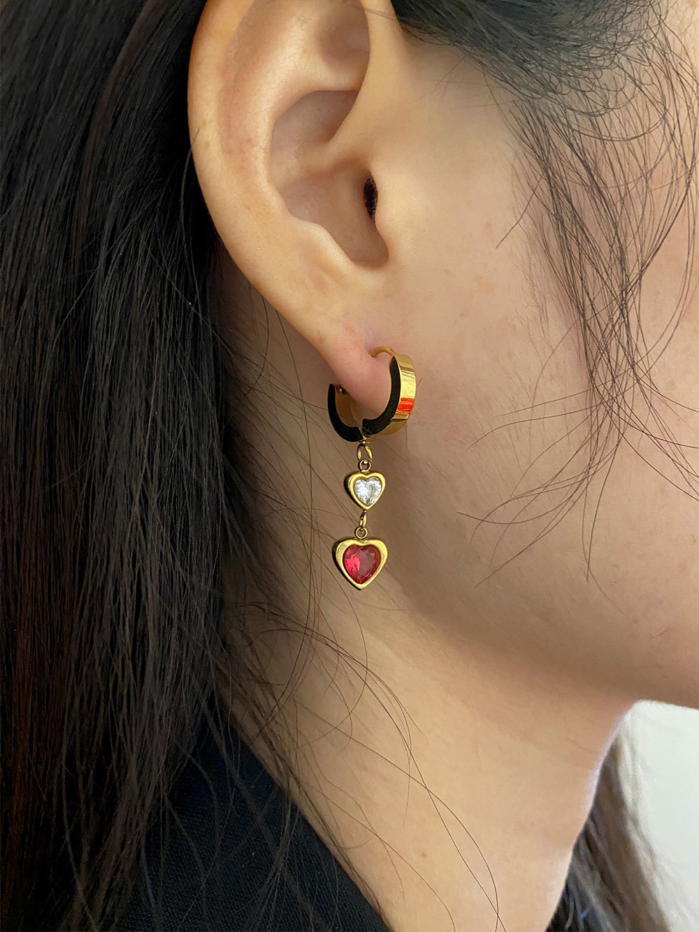 Zircon Inlay Material Drop Earrings Classification 1 Pair Quantity 1 Pair Korean Style Geometric Heart Shape Inlay 304 Stainless Steel Zircon 18K Gold Plated Drop Earrings