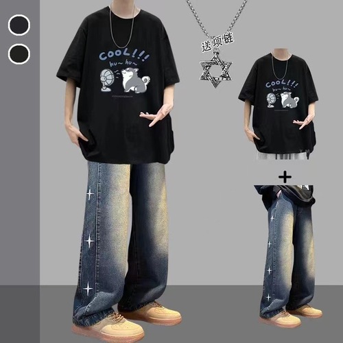 Summer American Street Casual Set for Youth Loose Fit Cross Necklace T-Shirt and Jeans Trendy