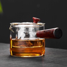侧把泡茶壶红檀木把家用待客茶水分离器手工烧制高硼硅玻璃煮茶壶