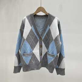 2025秋季新款TB学院风撞色菱形图案V领针织开衫时尚百搭小众上衣