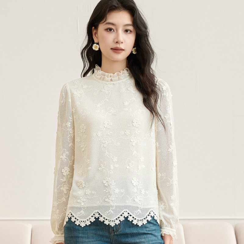 2025秋季新款立领木耳边长袖蕾丝衫女上衣宽松洋气小衫9537|undefined