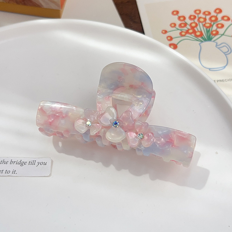 新款高级感醋酸抓夹大号镶钻发夹唯美优雅立体花朵鲨鱼夹发饰女|undefined