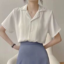 工装衬衫雪纺白衬衫女短袖Polo领色感上衣职业装通勤打底衬衣夏
