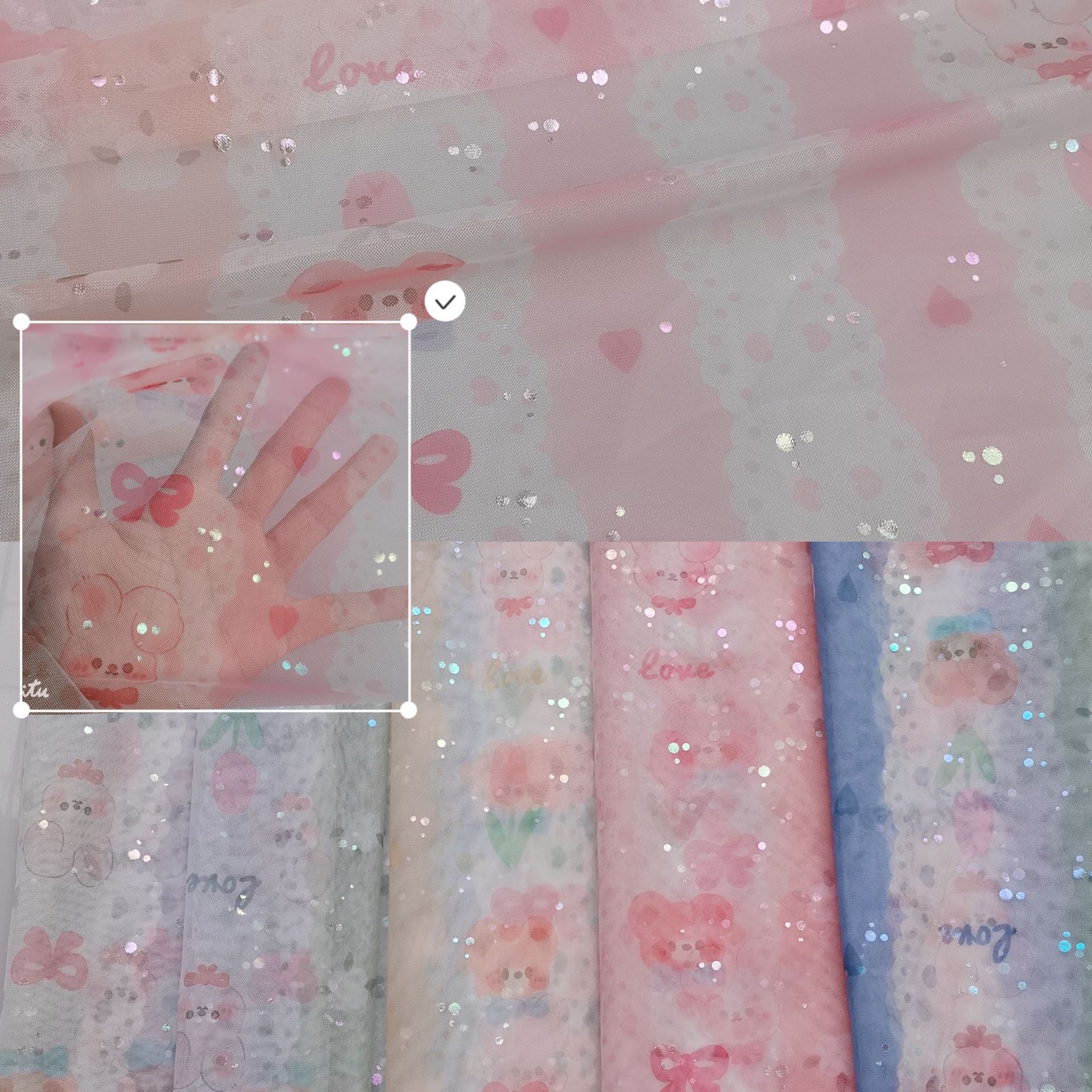 新款~无弹涤复丝网竖纹小熊蝴蝶结等多种图案印花烫金 童裙等面料