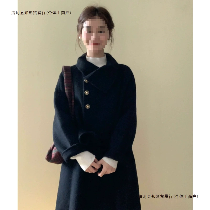 Толстый черный шерстяное пальто женский осенний и зимний шерстяной шерстяной куртки 2024 новый маленький человек Hepper Wind