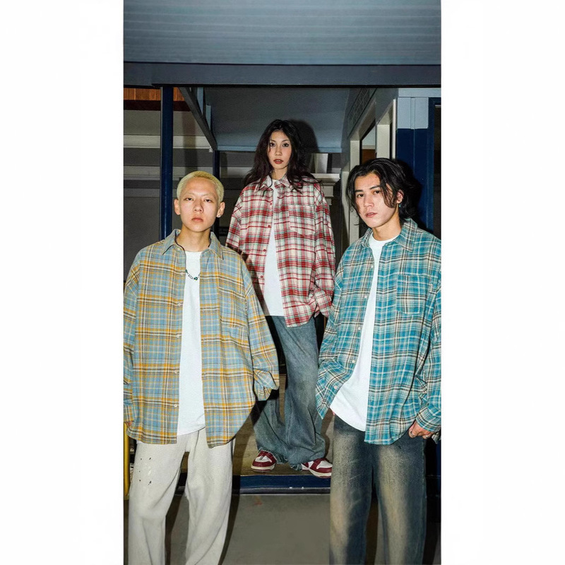 American Retro Plaid Stitching Long-sleeved Shirt Shirt Men's Summer Shirt Jacket cleanfit High-grade Sense Plaid Shirt