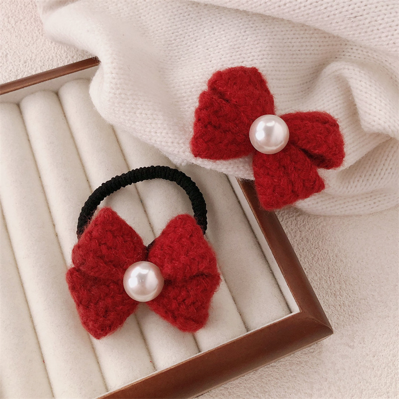 Año Nuevo lana roja arco anillo de cabello de cola de caballo alta cuerda de cabello duradera cuerda de cabeza roja festiva banda de goma clipes de cabello adornamiento