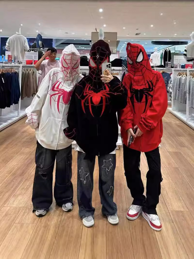 Spring and Autumn High Street American Cardigan Sweater New Design Sense Niche Spider-Man Printed Zipper Hooded Loose Jacket