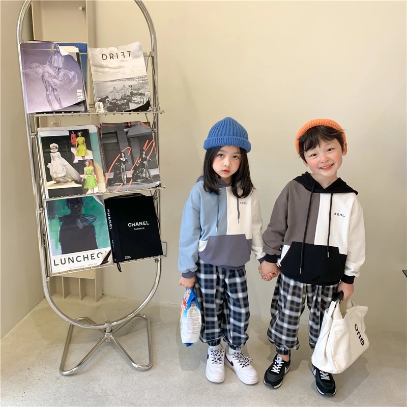 2021 Spring New products Korean Edition children Hit color Hooded Sweater men and women Color matching Sweater personality