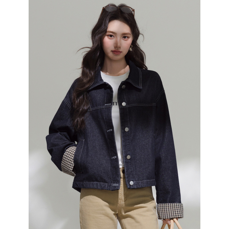 Qadın üçün tünd mavi denim ceket, manjeti kontrast rəngli