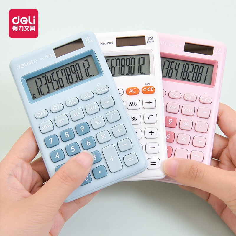 Deli 1200 Portable Calculator Student Home Calculator 12-Bit Dual Power Supply Small Colorful Computer