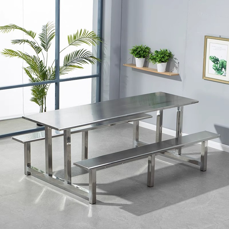 School Student Stainless Steel Canteen Dining Table and Chair Combination 4 People 6 People 8 People Factory Employee Canteen One-Piece Dining Table and Chairs