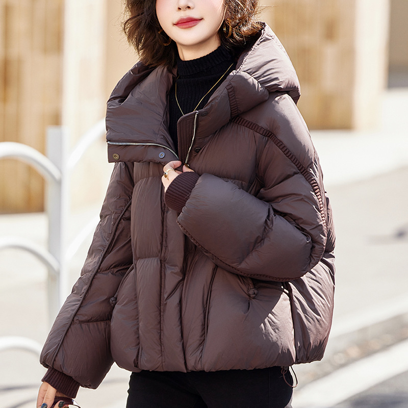 후드 쇼트 다운 재킷 여성의 겨울 2024 새로운 느슨한 패션 캐주얼 작은 두꺼운 흰색 오리 다운 재킷