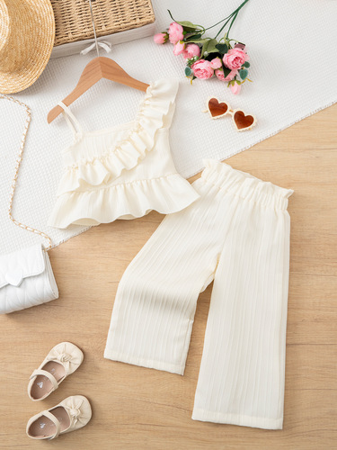2026 new girls 'suit ruffled sling + wide-leg pants children's clothing in stock wholesale casual matching