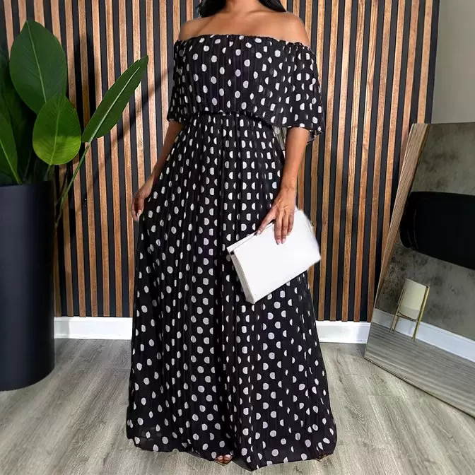 TB6589亚马逊欧美夏季新款圆点印花时尚休闲长款大码女装连衣裙