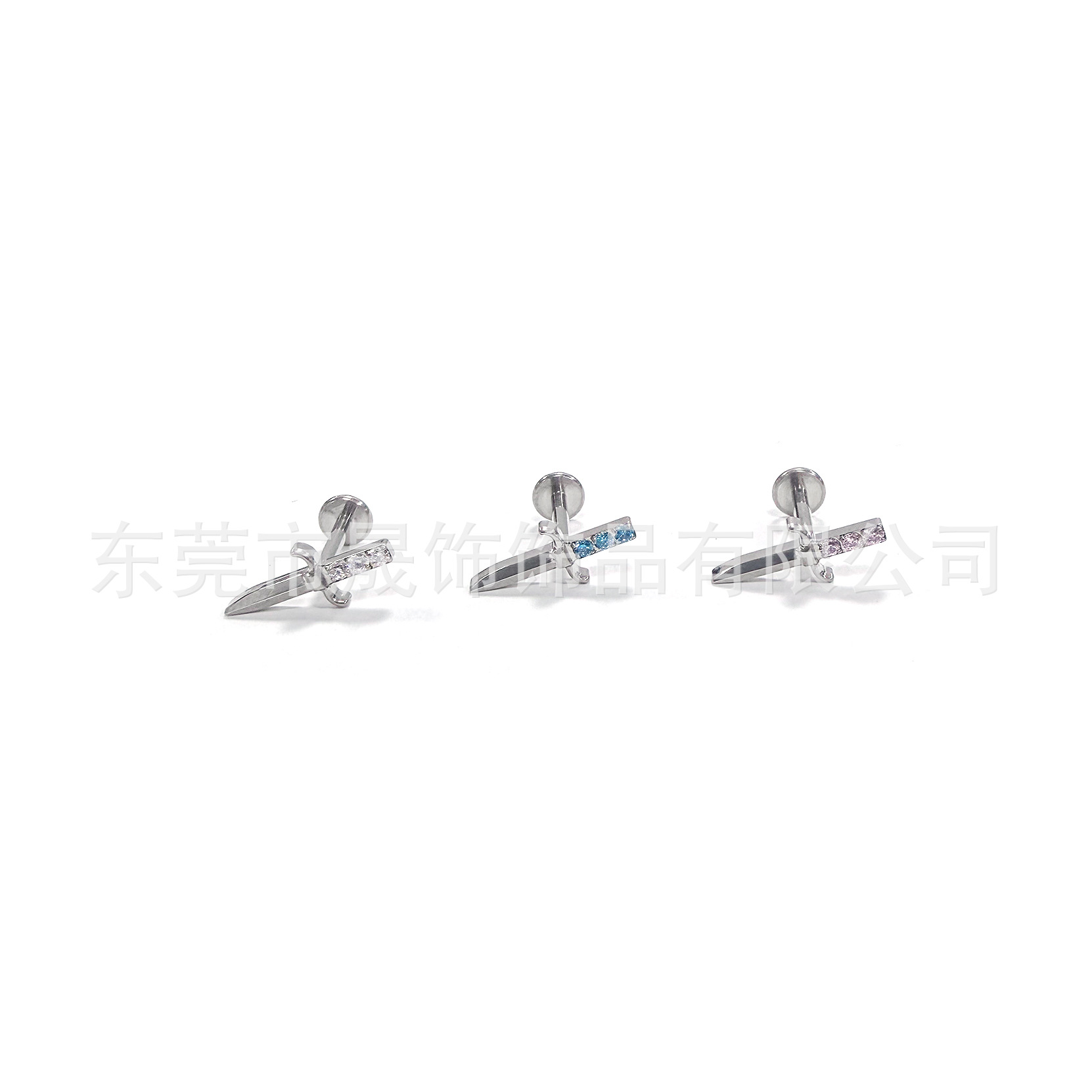 F136钛合金十字宝剑耳钉镶5A锆石耳骨钉G23钛内螺纹穿刺饰品配件
